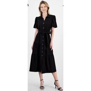 T Tahari Women's Puff-Sleeve Belted Tiered Dress Black Size 12 NWT